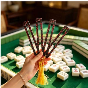 May include: Four rectangular black markers with a red mottled pattern and a central vertical cutout. Each marker features a bright yellow tassel attached to the bottom. The markers are held together in a fan shape against a green game table.