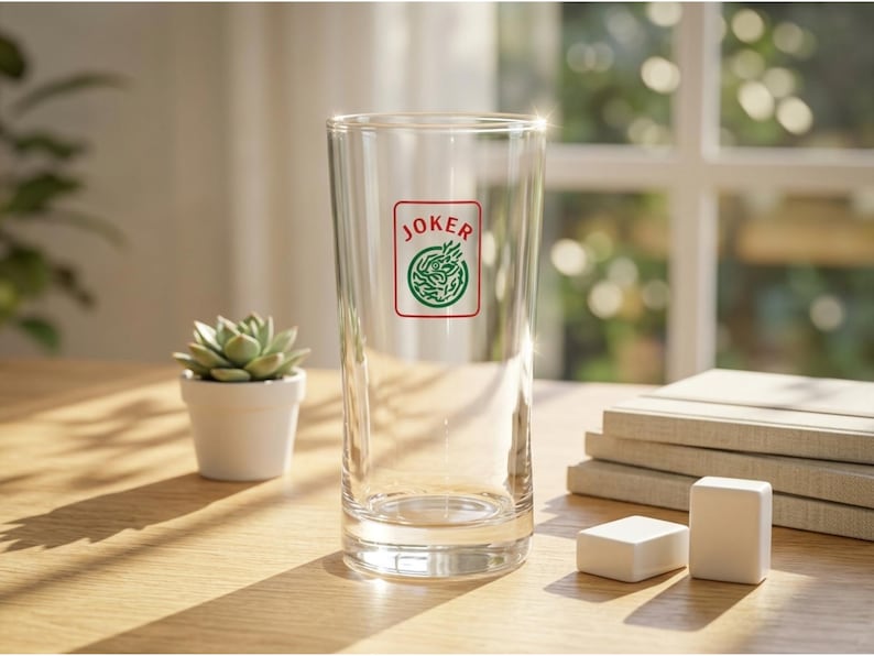 May include: A clear glass tumbler with a red and green "JOKER" logo. The glass is on a wooden table next to a small potted succulent and two white rectangular objects. A stack of books is in the background.