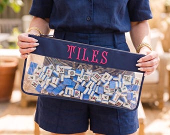 Embroidered Clear Mahjong Tile Bag – Navy Blue Storage Case, Fishtail Font “TILES”