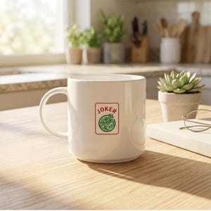 May include: A white ceramic mug with a handle, featuring a red and green "Joker" emblem. The mug sits on a wooden surface, next to a book, glasses, and a potted succulent. The scene is well-lit.