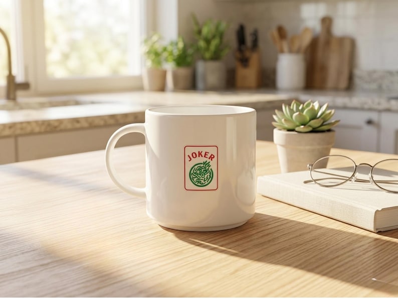 May include: A white ceramic mug with a handle, featuring a red and green "Joker" emblem. The mug sits on a wooden surface, next to a book, glasses, and a potted succulent. The scene is well-lit.