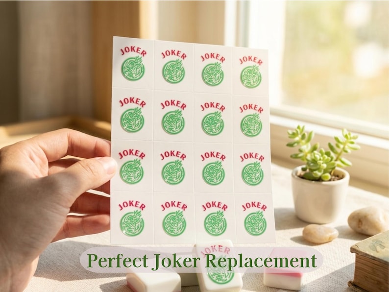 May include: A sheet of white replacement joker tiles with green and red text and graphics. The word "JOKER" is printed on each tile. The text "Perfect Joker Replacement" is at the bottom of the image.