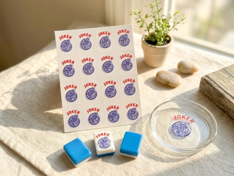 May include: A collection of game pieces and accessories featuring a "JOKER" theme. Includes a sheet of stickers, game tiles, and a small glass dish, all with a matching design in blue and red. A small potted plant and decorative stones are also present.
