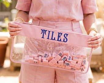 Embroidered Clear Mahjong Tile Bag – Blush Pink Storage Case, Custom Fishtail Font