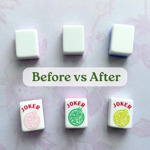 May include: A comparison image of Mahjong tiles. The top row shows plain white tiles, while the bottom row displays "Joker" tiles with pink, green, and yellow designs. The text "Before vs After" is in the center.