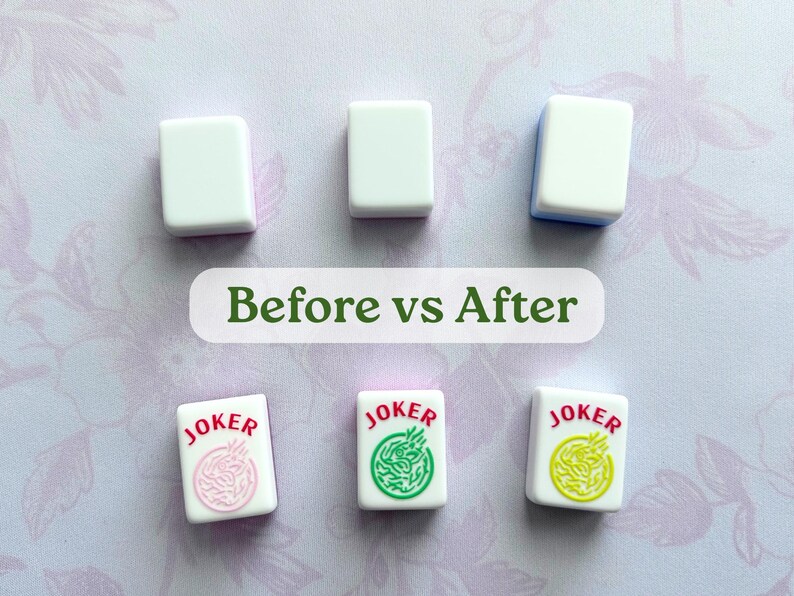 May include: A comparison image of Mahjong tiles. The top row shows plain white tiles, while the bottom row displays "Joker" tiles with pink, green, and yellow designs. The text "Before vs After" is in the center.