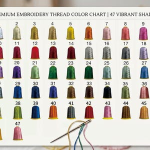 May include: A colour chart for premium embroidery thread, featuring 47 vibrant shades. The chart displays numbered thread spools in various colours, from silver to deep red, with a needle and thread in the foreground.
