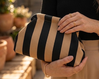 Striped Mahjong Tile Bag, Knitted Pouch, Game Night Clutch, Soft Storage Bag