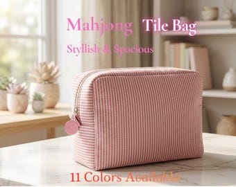 Embroidered Mahjong Seersucker Tile Bag, Striped Cosmetic Pouch, Personalized Gift