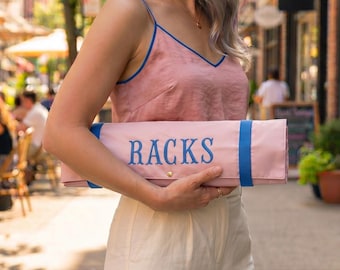 Blush Pink Custom Embroidered Mahjong Rack Bag, Fishtail Font, Padded Slots, Organizer
