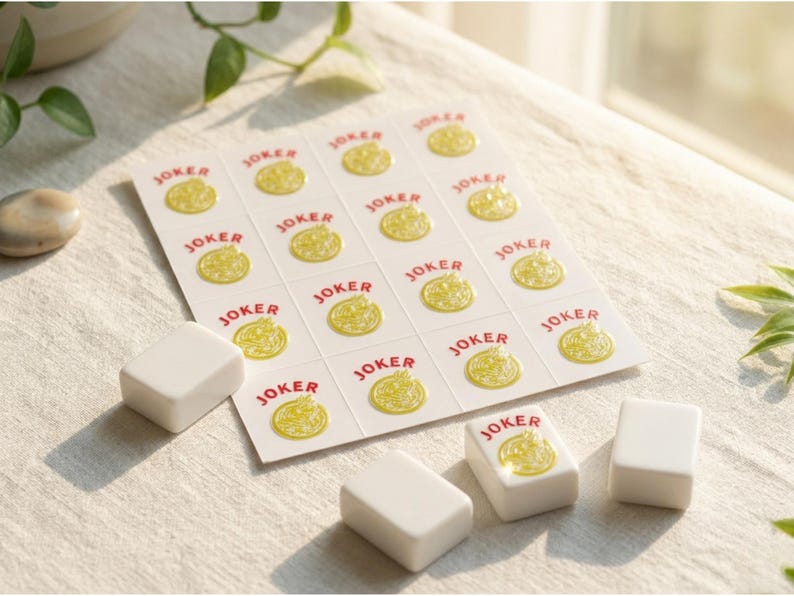 May include: A close-up of a set of Mahjong tiles and Joker stickers. The white tiles are rectangular, and the stickers are white with a yellow design and the word "JOKER" in red. The items are on a white surface.