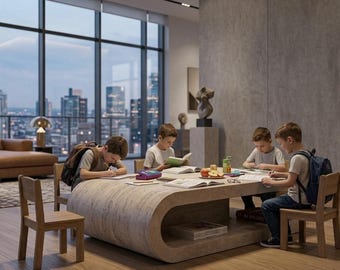 Handmade Travertine C-Shape Coffee Table – Minimalist Stone Furniture, Kid-Friendly Design