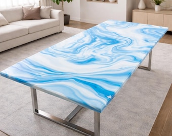 Blue Epoxy Resin Dining Table – Ocean Marble Pattern Top View Statement Table