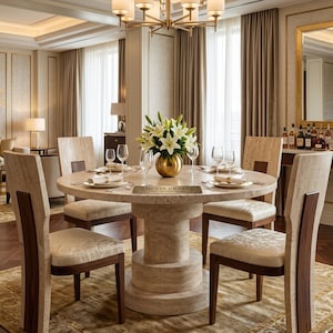 Puede incluir: Un juego de comedor con una mesa redonda de piedra y base de pedestal, rodeada de cuatro sillas. La mesa está puesta con platos, cubiertos y copas de vino. Un jarrón dorado con flores blancas se encuentra en el centro. El texto "CHESTA CRAFTS" está en la mesa.