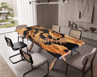 Live Edge Burl Wood Epoxy River Matbord, Svart Resin, Handgjorda Köksmöbler