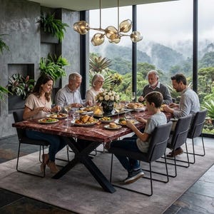 Rosso Levanto matbord i marmor – Rektangulärt köksbord i sten, X-bas i svart metall