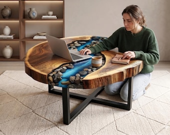 Ronde salontafel van houthars | Live-Edge River-plaat, op maat gemaakt meubilair