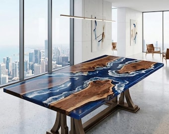 Mesa de comedor de nogal con borde natural y resina epoxi, diseño de olas oceánicas, muebles de lujo.