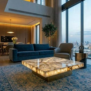 May include: A modern living room with a blue velvet sofa, a gray armchair, and a square coffee table with a glowing, marble-like top. The room has large windows with a city view and a patterned blue rug.