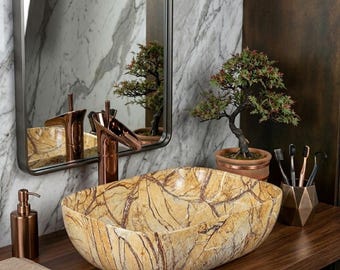 Lavabo de mármol natural con vetas marrones doradas / Lavabo de encimera artesanal