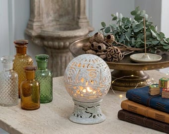 Portavelas de esteatita tallado a mano – Farol floral Jali, decoración zen para el hogar