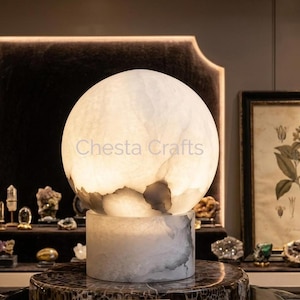 Handmade Alabaster Stone Sphere Lamp, Natural Translucent Globe Light, Luxury Desk Decor