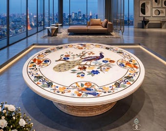 Handmade White Marble Table Top – Pietra Dura Floral Peacock Inlay – Luxury Gemstone Mosaic Art