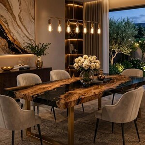 Live Edge-Harz-Esstisch, Schwarzgold-Marmor Epoxy, Handwerker-Holzplatte, Statement-Stück