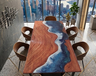 Live Edge Walnut Epoxy River Dining Table, Ocean Wave Resin Conference Furniture