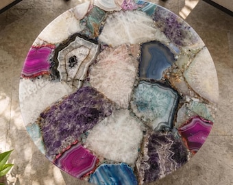 Round Agate Amethyst Gemstone Table Top – Luxury Semi Precious Stone Inlay Coffee Dining Table