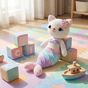 May include: A handmade crochet mermaid cat doll with a white body, pink ears, and a flower on its head. The doll has a purple and pink mermaid tail. It is sitting on a colorful play mat with ABC blocks and a wooden boat.