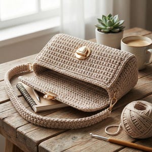 May include: A beige crochet handbag with a gold clasp and strap, open to reveal a notebook and pen. The bag sits on a wooden surface, with a ball of yarn, a crochet hook, and a cup of coffee nearby.