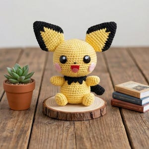 Patrón de ganchillo de Pichu, PDF de amigurumi de Pokémon hecho a mano, tutorial para peluches de anime en miniatura, pequeño juguete de peluche, regalo para fans de la cultura geek.