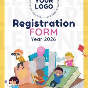 May include: A colorful registration form for the year 2026, featuring a logo circle at the top. The design includes illustrations of children playing on and around stacks of books, with a kite and a pink balloon.