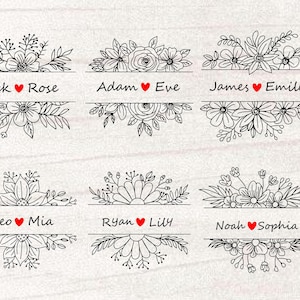 May include: Black and white floral design elements with names and hearts. Each design features a name pair, such as "Jack ❤️ Rose", above and below a floral arrangement. Suitable for personalised gifts.