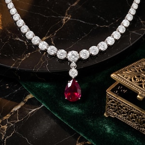 Pear Cut Natural Burma Red Ruby Gemstone & Diamond Tennis Necklace 14k White Goldplated Over 925 Sterling Silver Choker Bridal Gift Necklace