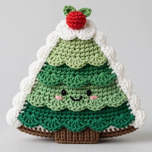 May include: A triangular crochet ornament shaped like a Christmas tree with layered green branches, a brown trunk, and white scalloped trim. It features a small red sphere at the top and a stitched face with black eyes and pink cheeks.