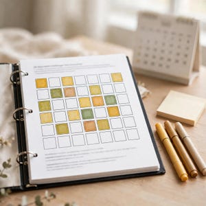 May include: A white paper sheet inside a black three-ring binder featuring a grid with some squares filled in with yellow, orange, and green markers. Three markers in shades of yellow and brown are placed on the surface next to the binder.
