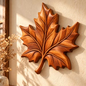 Puede incluir: Un objeto decorativo de pared con forma de hoja de arce, tallado en madera de color marrón medio con un acabado pulido. La pieza presenta vetas esculpidas en profundidad y un tallo central prominente, resaltando las vetas naturales de la madera.