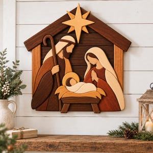 May include: A wall-mounted wooden nativity scene featuring layered cutouts of three figures and a star. The design displays a central infant in a manger, flanked by two standing figures in robes, all crafted from various shades of natural wood.