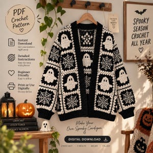 May include: A black and white crochet cardigan featuring a repeating pattern of ghosts and spiderwebs. The garment has long sleeves, a solid black trim, and an open front. Text on the image includes PDF Crochet Pattern, Instant Download, and Spooky Season Crochet All Year.
