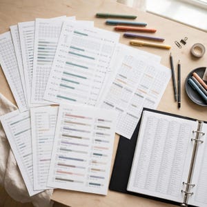 May include: A collection of printed planner pages featuring various checklists, habit trackers, and grid layouts. Several colorful felt-tip pens, two graphite pencils, two metal binder clips, and a roll of tape are arranged alongside a black binder.