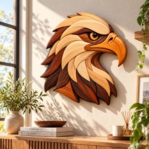 May include: A wall-mounted eagle head sculpture crafted from layered wooden pieces in varying shades of light, medium, and dark brown. The design features stylized, overlapping feather segments and a prominent, curved beak, creating a dimensional profile.