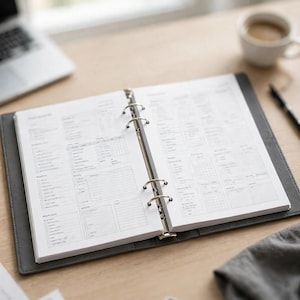 May include: A dark gray leather-bound ring binder planner open to two pages featuring printed daily task lists, priority sections, and grid calendars. The planner has a silver metal six-ring mechanism holding white paper inserts.