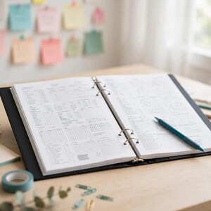 May include: An open black ring binder planner with white pages featuring printed grid layouts and schedules. A teal ballpoint pen rests diagonally across the right page. The planner is positioned on a light wood surface with a teal roll of tape.