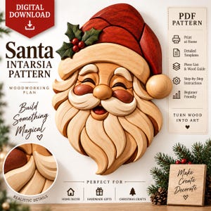 Könnte beinhalten: Eine digitale Holzbearbeitungsvorlage für ein Intarsienprojekt mit dem Weihnachtsmann. Das Design zeigt ein geschichtetes Holzgesicht mit roter Mütze, grünen Stechpalmenblättern und roten Beeren. Text beinhaltet Santa Intarsia Pattern und PDF Pattern.