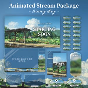 Puede incluir: Un paquete de streaming animado con temática de día soleado y un paisaje de estación de tren. Incluye superposiciones con áreas transparentes, cuadros de chat y botones etiquetados como About Me, FAQ, Games, Goals, Instagram, Links, Merch, Other, Facebook, Artwork, Commands, Contact, Credits, Discord, Donate, Emotes, New Cheer y New Donation.