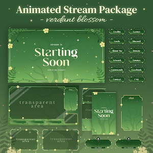 Pode incluir: Um pacote de streaming animado intitulado Verdant Blossom com um tema verde e detalhes florais. Inclui uma tela de Starting Soon, caixas de chat e vários botões rotulados como Credits, Games, Goals, Discord, About Me, Donate, Artwork e Emotes.