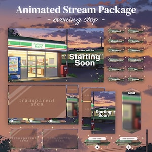 May include: Animated stream package with an evening stop theme. The design features a convenience store, train, and sunset sky. Includes overlay elements for streaming, such as chat, goals, and donation buttons.