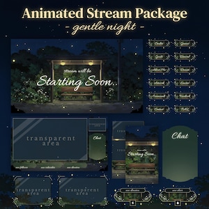 Può includere: Un pacchetto di stream animato con un tema notte gentile. Il design include una scena notturna con una panchina e il testo "Starting Soon". Ulteriori elementi includono chat box, aree trasparenti e pulsanti di overlay.